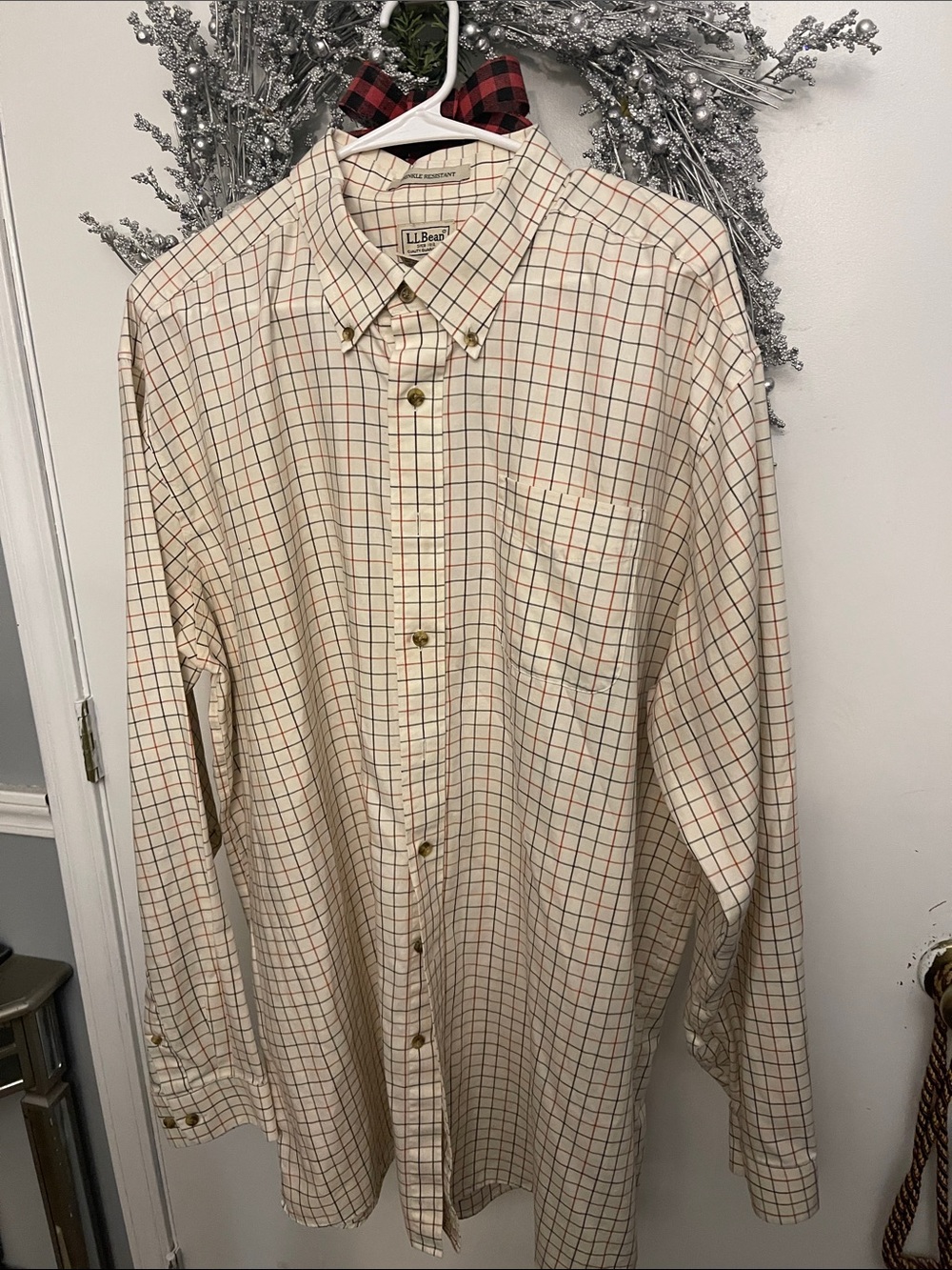 L.L. Bean Cream Plaid Button-Down Shirt with Brown and Red Grid